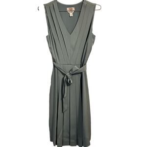 Talbots Vintage Pale Seafoam Blue Silk Pleated V Neck Belted Dress P8